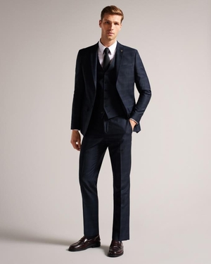 Gilet De Costume Ted Baker Slim Fit Navy Check Suit Waistcost Bleu Marine Homme | LHN-18888139